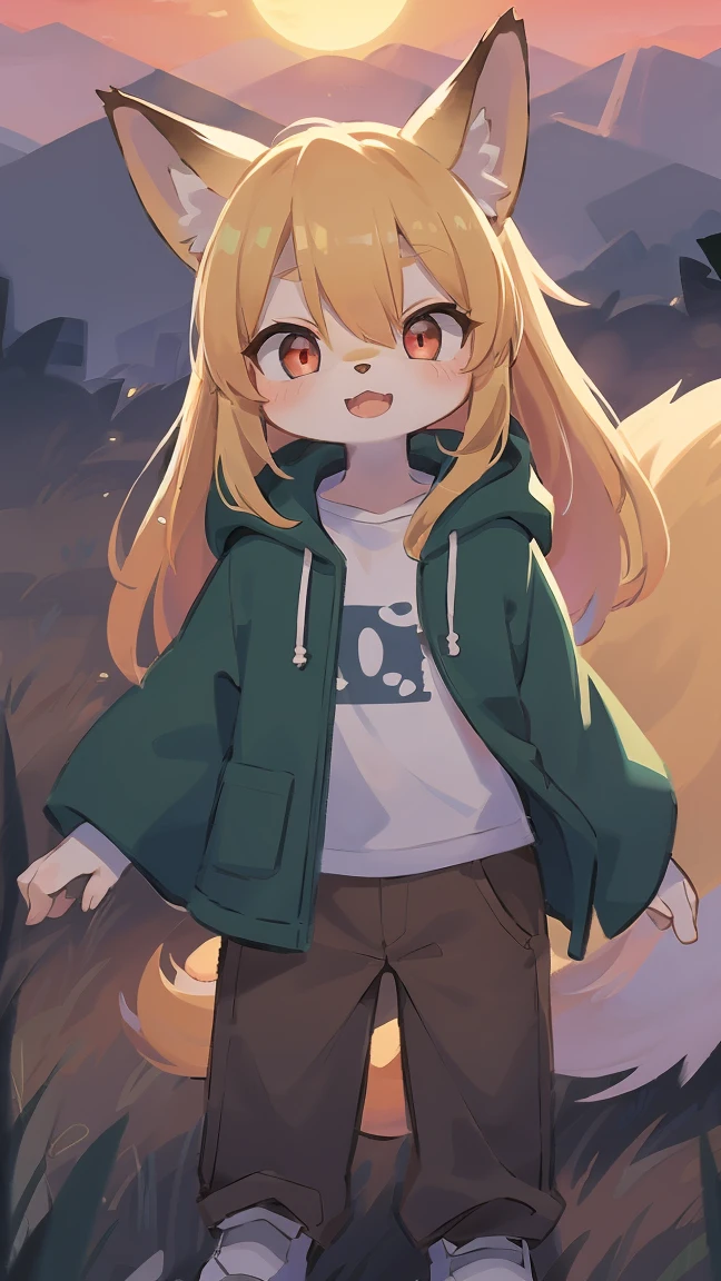 Fox Shota, , It was hairy, Hairy, Fur, smooth eyelashes, Golden fur, Forelimb Hand, long blonde hair straight, Round eyes, Golden ears, Golden fur, golden face fur, Shiny Hair, Red eyes, Very cute face, 1 fox tail, Fluffy tail, Hairy尻尾, Glowing Eyes, Green coat Green hooded down jacket, Brown trousers, Are standing, Open your mouth, Zhou Haoguang, Very fine fur, Broken Eye, whole body, masterpiece, high quality, high detail, 最high quality, wide short, (((alone))), Twilight, Light of the sun, Red Sky, Rim Light
