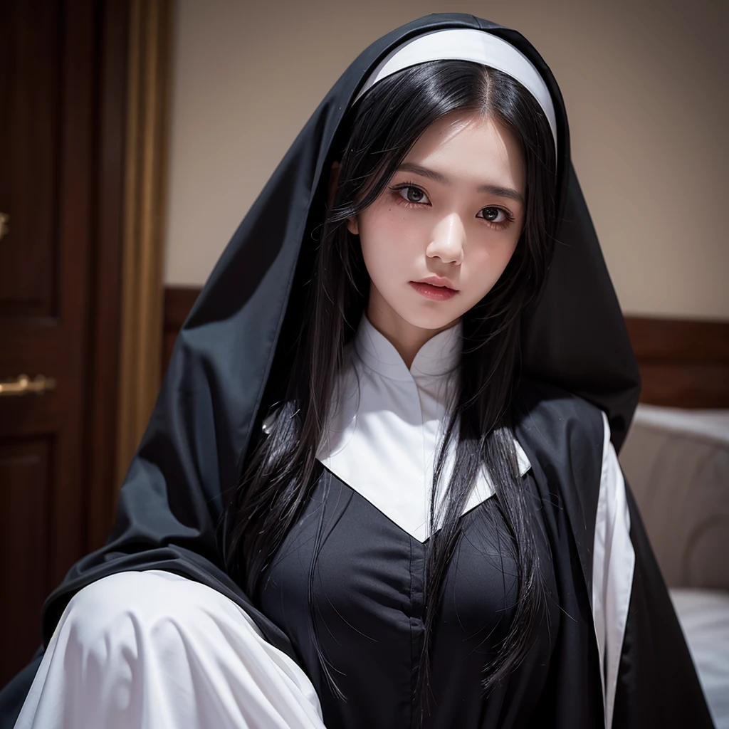 Beautiful lady, with black long hair, nun, scratches on face, Black Closed Clothing, Large cloak, costs