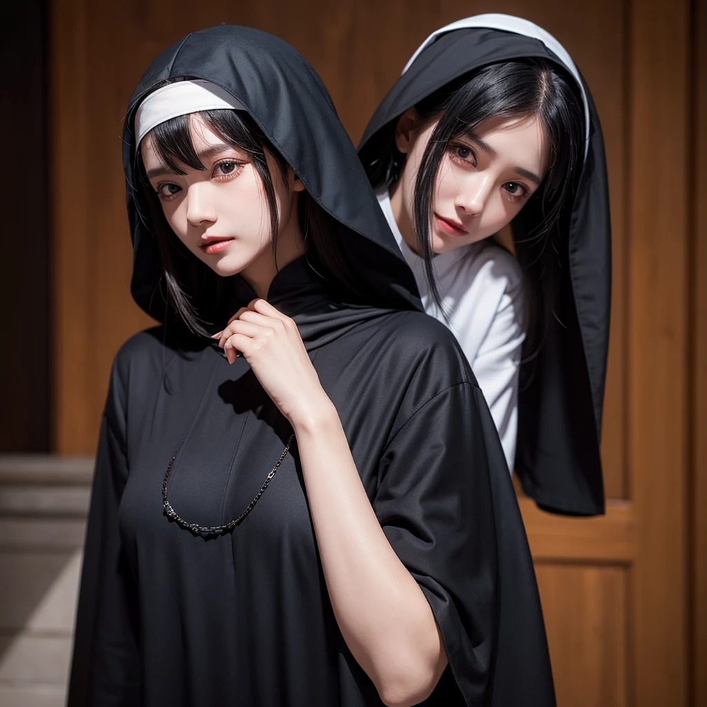 Beautiful lady, with black long hair, nun, scratches on face, Black Closed Clothing, Large cloak, costs