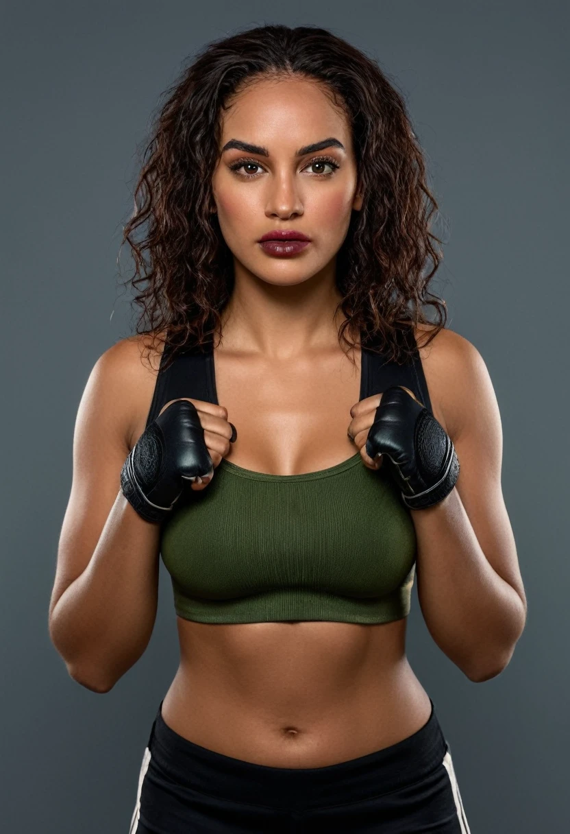 A woman in a boxing ring posing for a photo, wmma. A woman in a black tank top and red boxing gloves. Portrait of a female boxer, fierce expression, sweat on her face, boxing gloves, [Realistic], (Hard lighting: 1.2), (Boxing ring scene: 1.1), (4k resolution. Black sports bra and shorts,Gloves boxer,With attentive eyes,Boxing stance,waist line. 1 hyper-realistic real photo, frontal close-up, swinging a boxing glove in front of the camera with passion and anger, preparing to throw a strong punch. Completely Arafed woman with green eyes, eyes open and head high. Pose of a strong and muscular woman, determined expression, fierce look, athletic build, confident pose, beautiful young black woman with dark skin, mixed-race Brazilian, beautiful afro girl. -30 year old Latina, beautiful African and Latina, Brazilian and Angolan descent, a black woman, mixing African and indigenous features, a unique mix of indigenous, African and European ebony Curly black hair with brown highlights, Voluminous black hair with brown highlights. , green eyes, eye is green, expressive green eyes, beautiful green eyes, realistic green eyes, detailed green eyes (eyeliner, long eyelashes). Perfect eyebrows and they are thick. the nose is small and proportional, beautiful face. Attractive and irresistible mouth, well-defined lips, full lips, voluminous lips, seductive lips, black lipstick. The face is oval, with high cheekbones and a well-defined chin, a beautiful and detailed face. Black lipstick, gothic makeup. Skin tone: Olive skin, healthy and even glow, with olive skin, dark skin, sexy girl with olive skin, detailed skin texture, beautiful and glowing skin, intricate details, smooth skin, healthy and radiant appearance. Hourglass body, voluptuous body, slender woman, Huge breasts, well-toned belly, toned tummy, slim waist, Wide hips, big hips, huge butt, thick thighs, Long and shapely legs. 50 mm lens, f/2.8, hdr, (8K) RAW photo, high quality resolution 8K uhd, dslr, 2k, 4K, 8K, 16K.