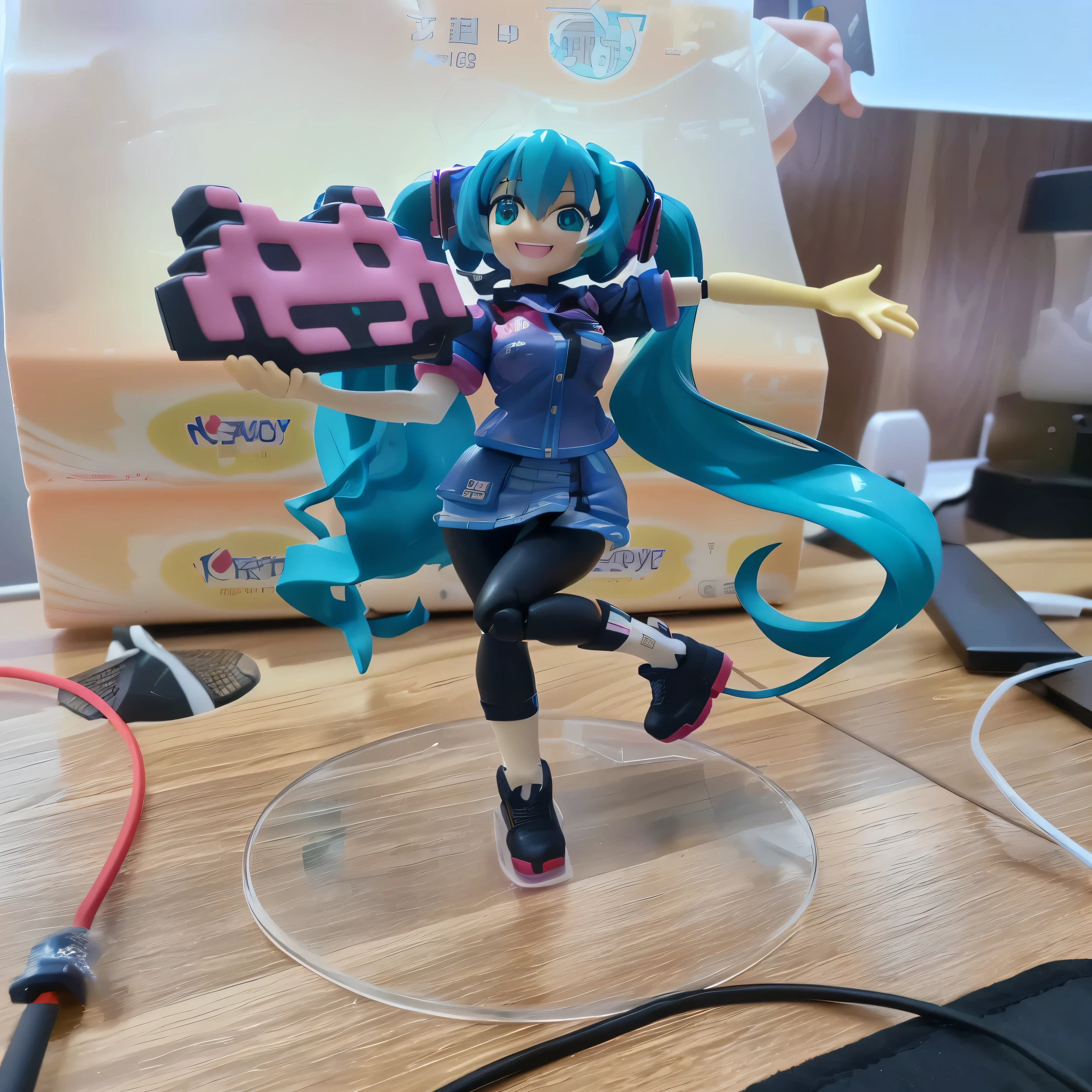 Close up of toy figures and computer on table, a Happy meal toy of hatsune future, Anime Characters, hatsune future, Anime Characters, futuredayo, Good Smile Company Anime Style, Pop-up parade figures, distorted posture, future, Anime Characters Model, posture(Raise your arms + Happy), anime posture, PVC figurines