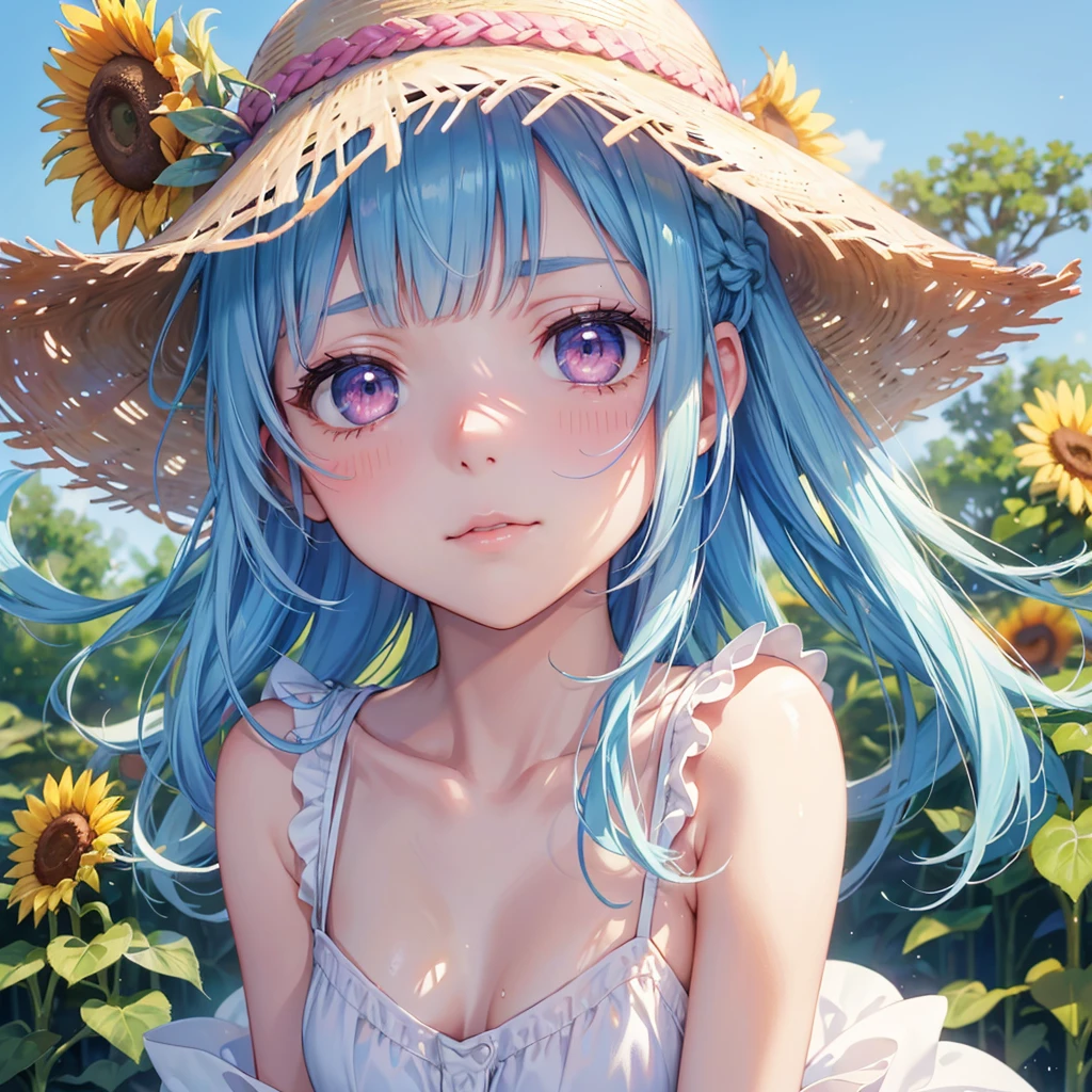 Sky blue hair,braid,(Pink Eyes),Fair skin ,(whole body),(One girl),buzzer,Sunflower field,White dress,blunt bangs,Wiping away sweat,wink,Straw hat,(masterpiece, Highest quality, Very detailed, Best Shadow), (Detailed Background), (Beautifully detailed face), High Contrast, (Best lighting, Very delicate and beautiful), ((Cinematic Light)), colorful, Hyper Detail, Dramatic Light, Intricate details,buzzerの暑い日差し,