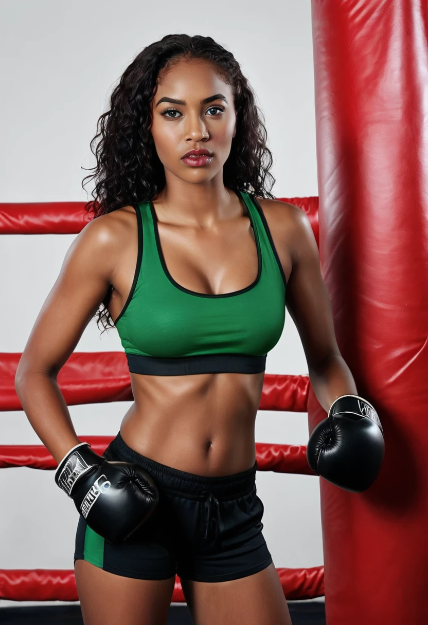 A woman in a boxing ring posing for a photo, wmma. A woman in a black tank top and red boxing gloves. Portrait of a female boxer, fierce expression, sweat on her face, boxing gloves, [Realistic], (Hard lighting: 1.2), (Boxing ring scene: 1.1), (4k resolution. Black sports bra and shorts,Gloves boxer,With attentive eyes,Boxing stance,waist line. 1 hyper-realistic real photo, frontal close-up, swinging a boxing glove in front of the camera with passion and anger, preparing to throw a strong punch. Completely Arafed woman with green eyes, eyes open and head high. Pose of a strong and muscular woman, determined expression, fierce look, athletic build, confident pose, beautiful young black woman with dark skin, mixed-race Brazilian, beautiful afro girl. -30 year old Latina, beautiful African and Latina, Brazilian and Angolan descent, a black woman, mixing African and indigenous features, a unique mix of indigenous, African and European ebony Curly black hair with brown highlights, Voluminous black hair with brown highlights. , green eyes, eye is green, expressive green eyes, beautiful green eyes, realistic green eyes, detailed green eyes (eyeliner, long eyelashes). Perfect eyebrows and they are thick. the nose is small and proportional, beautiful face. Attractive and irresistible mouth, well-defined lips, full lips, voluminous lips, seductive lips, black lipstick. The face is oval, with high cheekbones and a well-defined chin, a beautiful and detailed face. Black lipstick, gothic makeup. Skin tone: Olive skin, healthy and even glow, with olive skin, dark skin, sexy girl with olive skin, detailed skin texture, beautiful and glowing skin, intricate details, smooth skin, healthy and radiant appearance. Hourglass body, voluptuous body, slender woman, Huge breasts, well-toned belly, toned tummy, slim waist, Wide hips, big hips, huge butt, thick thighs, Long and shapely legs. 50 mm lens, f/2.8, hdr, (8K) RAW photo, high quality resolution 8K uhd, dslr, 2k, 4K, 8K, 16K.