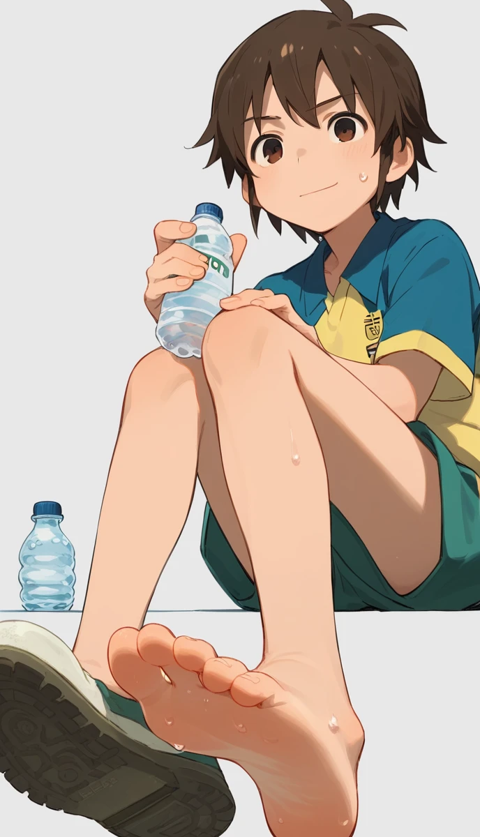 anime, One boy, Handa Shinichi, Brown Hair, Brown eyes, Raimon Soccer 、anime, One boy, Handa Shinichi, Brown Hair, Brown eyes, stop temporarily,Composition looking up from below、please sit down、A plastic bottle next to、Tired face、No background、(Master Parts:1.2, Highest quality), alone, Sitting, Show off your legs, Showing legs,showing alone, Natural materials,Face close-up,smile, Troubled face,Point your foot at the camera,Shorts, uniform,juvenile, Detailed face, Correct anatomy of the foot, Foot Anatomy, Sexy legs,Sweaty,Water Drop, Feet pointing towards the viewer, Detailed feet, Correct anatomy of the foot,animeの絵