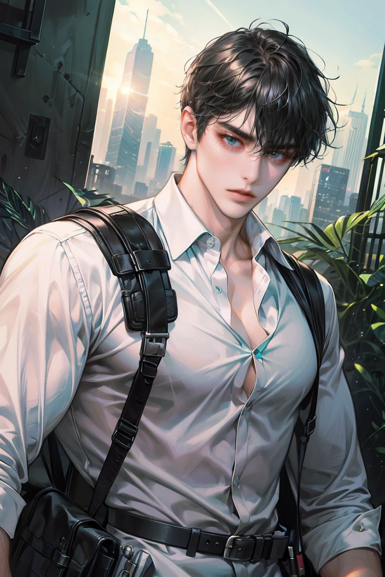 (absurdres, highres, ultra detailed, original character, HDR), 1 boy, solo, adult, handsome, ((tall muscular guy, broad shoulders)), finely detailed eyes, (black medium hair), hair between eyes, turquoise eyes, holographic, futuristic, casual and sexy outfit, gun holster, (body tight white shirt), ((large man breasts)), ((wearing an earring)), (portrait), dutch angle, face focused, british colonial scenery, dystopian hong kong city, skyscrapers, closed mouth, looking at viewer, depth of field, bokeh