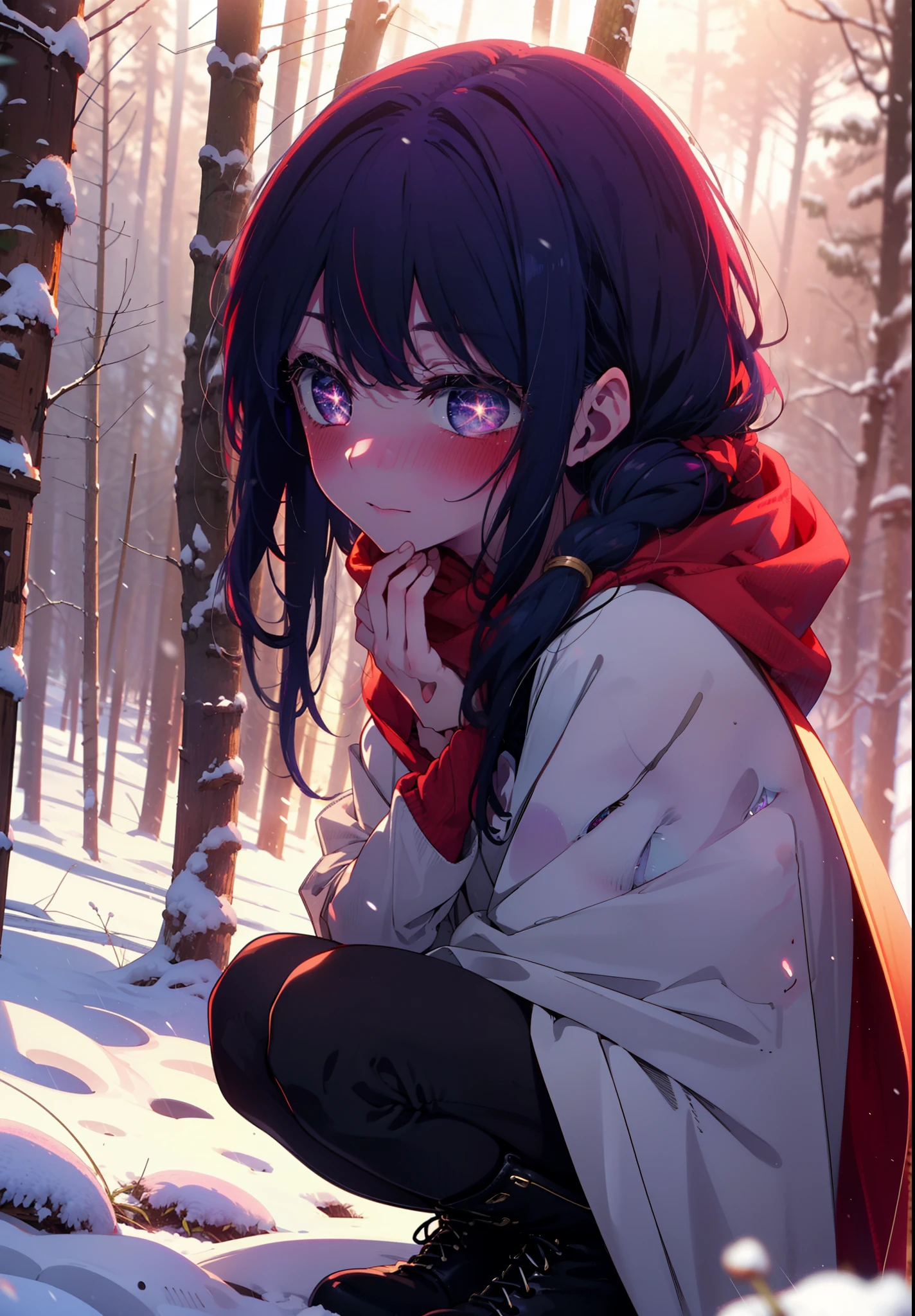 aihoshino, Ai Hoshino, Long Hair, bangs, (Purple eyes:1.1), Purple Hair, (Symbol-shaped pupil:1.5), smile,,smile,blush,White Breath,
Open your mouth,snow,Ground bonfire, Outdoor, boots, snowing, From the side, wood, suitcase, Cape, Blurred, , forest, White handbag, nature,  Squat, Mouth closed, Cape, winter, Written boundary depth, Black shoes, red Cape break looking at viewer, Upper Body, whole body, break Outdoor, forest, nature, break (masterpiece:1.2), Highest quality, High resolution, unity 8k wallpaper, (shape:0.8), (Beautiful and beautiful eyes:1.6), Highly detailed face, Perfect lighting, Highly detailed CG, (Perfect hands, Perfect ???????),