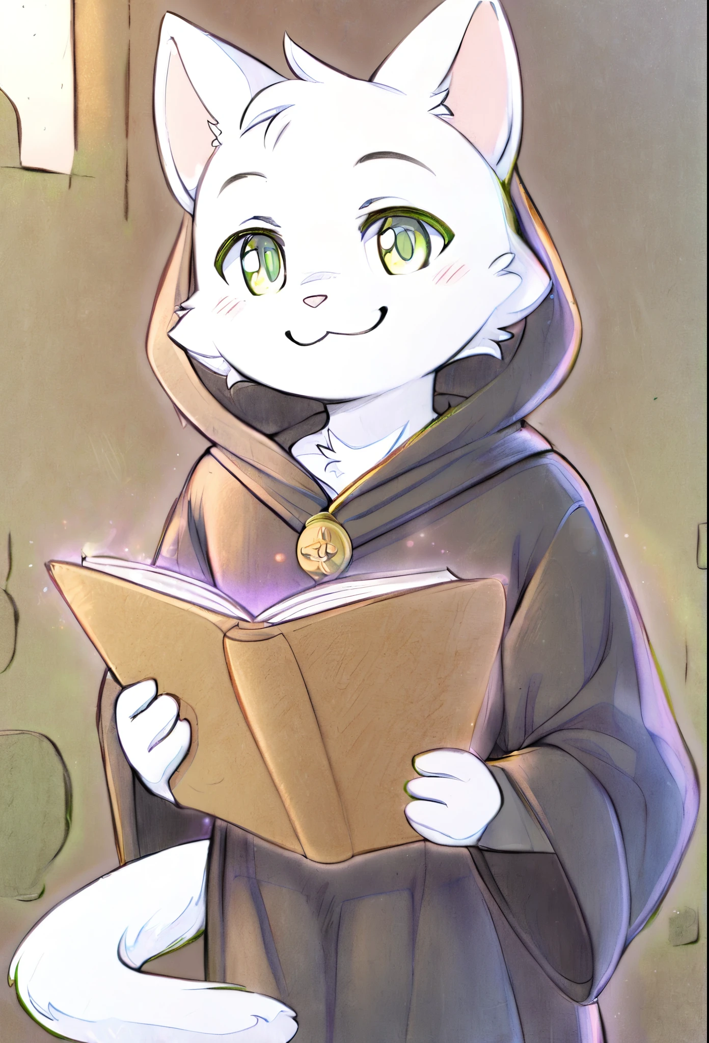 Cover,high resolution,Top quality,best quality,Paid rewards available,juvenile,middle Ages,Cats,male,White fur,Green eyes,tilt head slightly,Smile,Handsome,cute,Soft natural light,individual,Black robe,magic,Holding a book,Wearing a robe,Pencil drawing style