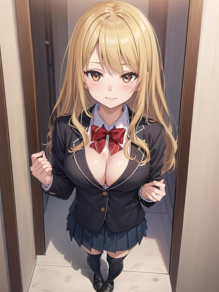 ((masterpiece)),(nude body),official art,extremely delicate and beautiful,extremely detailed CG,unity 8k wallpaper,ultra detailed,beautiful detailed eyes,extremely detailed face,on the bed,1girl,solo,full body,(portrait:1.5),looking at viewer,facing viewer,smile,Kuhouin Arisa,long wavy blond hair,sidelocks,parted bangs,brown eyes,female underwear,blazer,wing collar,red bowtie,whi,collared shirt,long sleeves,large breasts,buttons,miniskirt,black thighhighs,loafers,black footwear,Big breasts,nude,Get naked,see breasts,obscene,fullbody