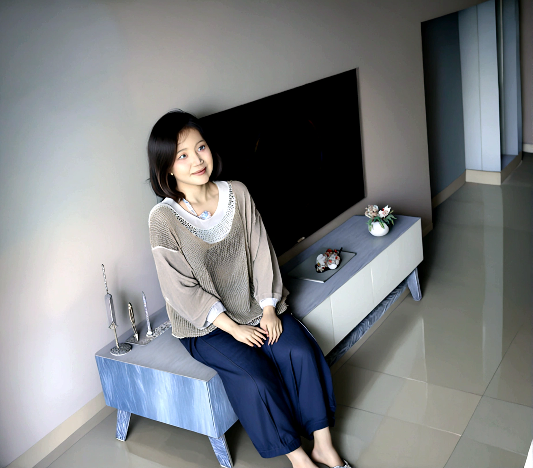 Beautiful Korean Woman , 32 inch chest size, Your eyes are big and pretty. Wearing a high-end luxury brand cardigan, casual beige pants, short medium hair, Smile, uhd