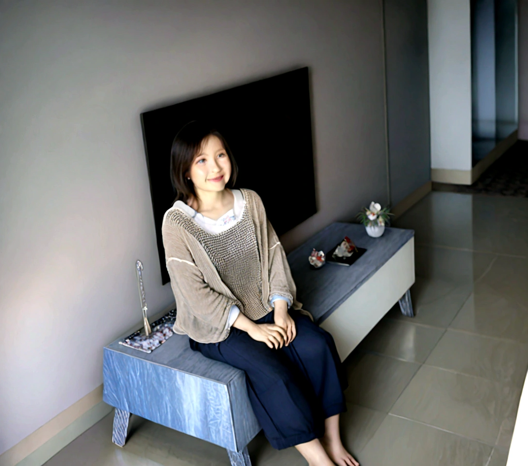 Beautiful Korean Woman , 32 inch chest size, Your eyes are big and pretty. Wearing a high-end luxury brand cardigan, casual beige pants, short medium hair, Smile, uhd