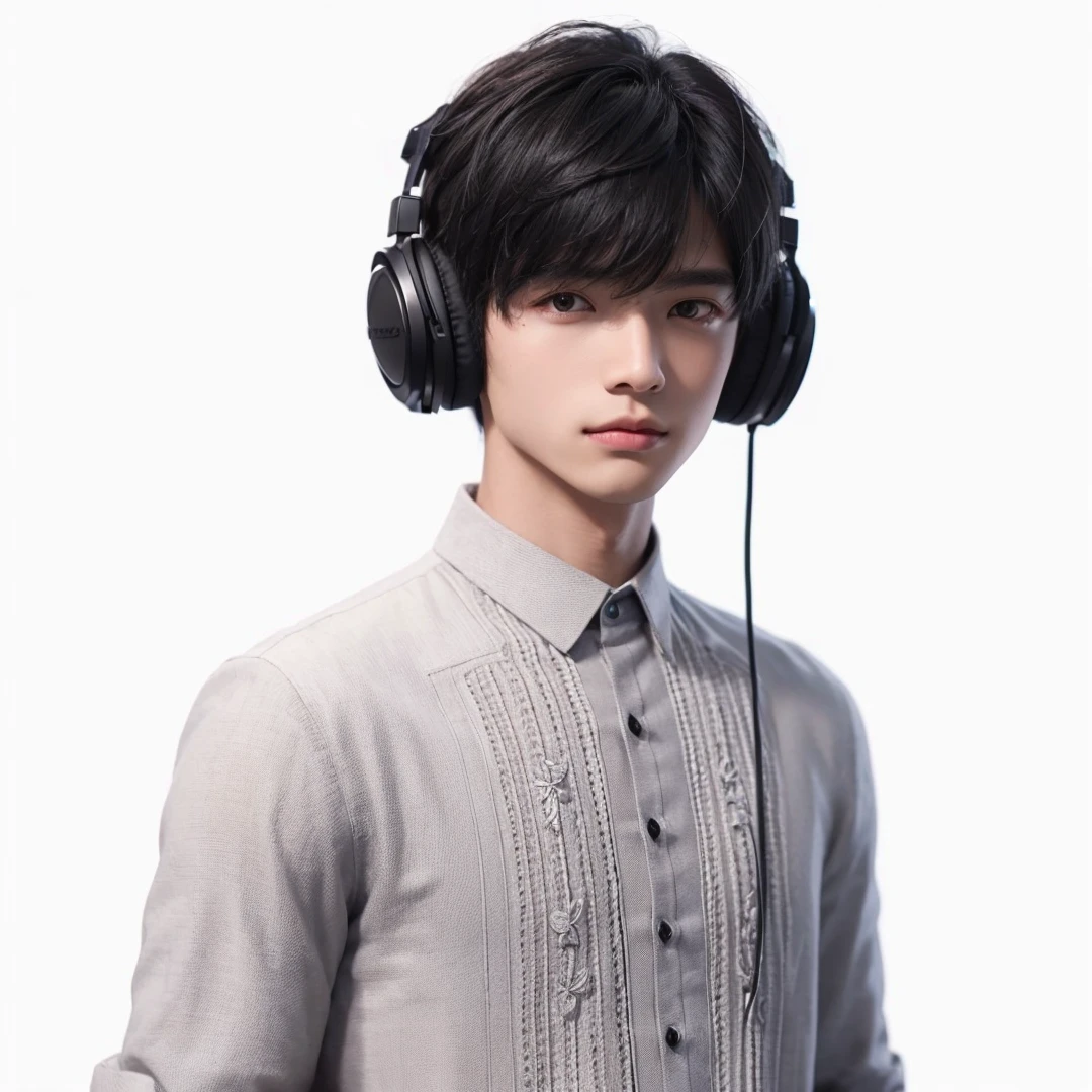 Handsome boy, black hair, brown eyes, wearing gray barong tagalog, black headphone