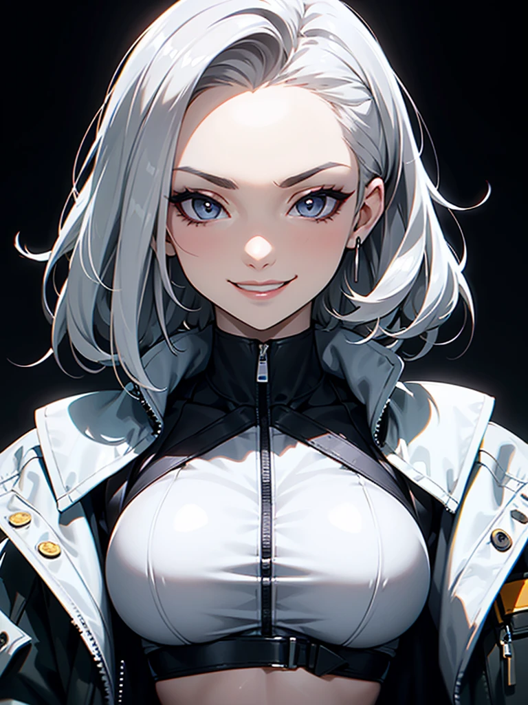 ((Portrait Photo)), She has a Mischievous and Youthful Appearance, with a Slender Build, Pale Skin and a Huge Breasts. She Expresses a Cheerful and Energetic Look, Giving Off a Smug and Lively Attitude. She has Light Gray Eyes, and Her Hair is Long, Silvery-White, and Tousled, with Bare Forehead. She Wears an Oversized, Open Bomber-Style Jacket, with a White Top, Revealing Her Midriff. ((Portrait Photo, HDR, Dark Background))