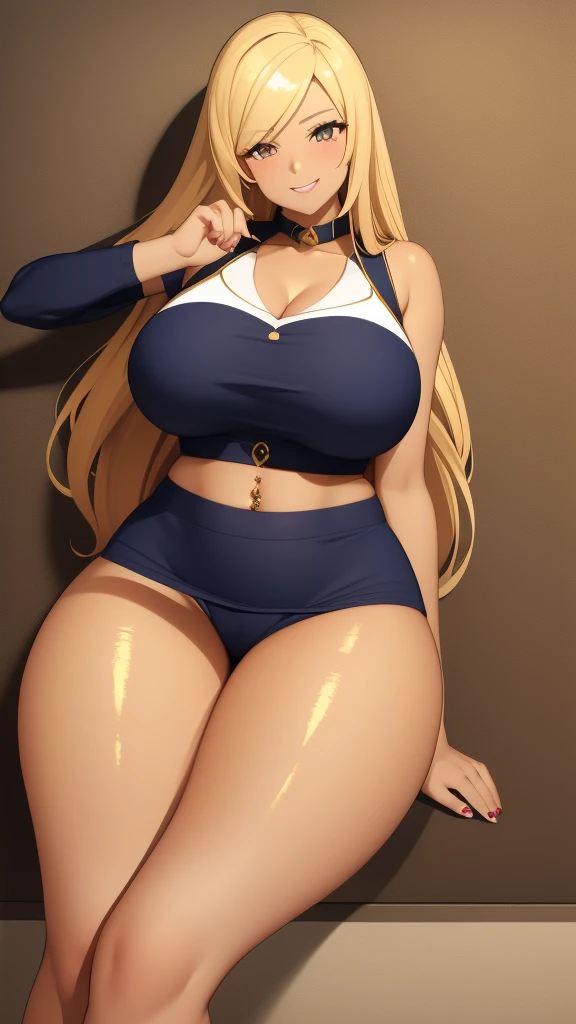 1 girl, golden blonde hair, golden eyes, very tan skin, solo, gyaru, shoulder length hair, curvy, very wide hips, large ass, narrow waist, thick thighs, very huge breasts, white blouse tied off with cleavage, navy blue skirt, bubbly smile, navel piercing, navel,
