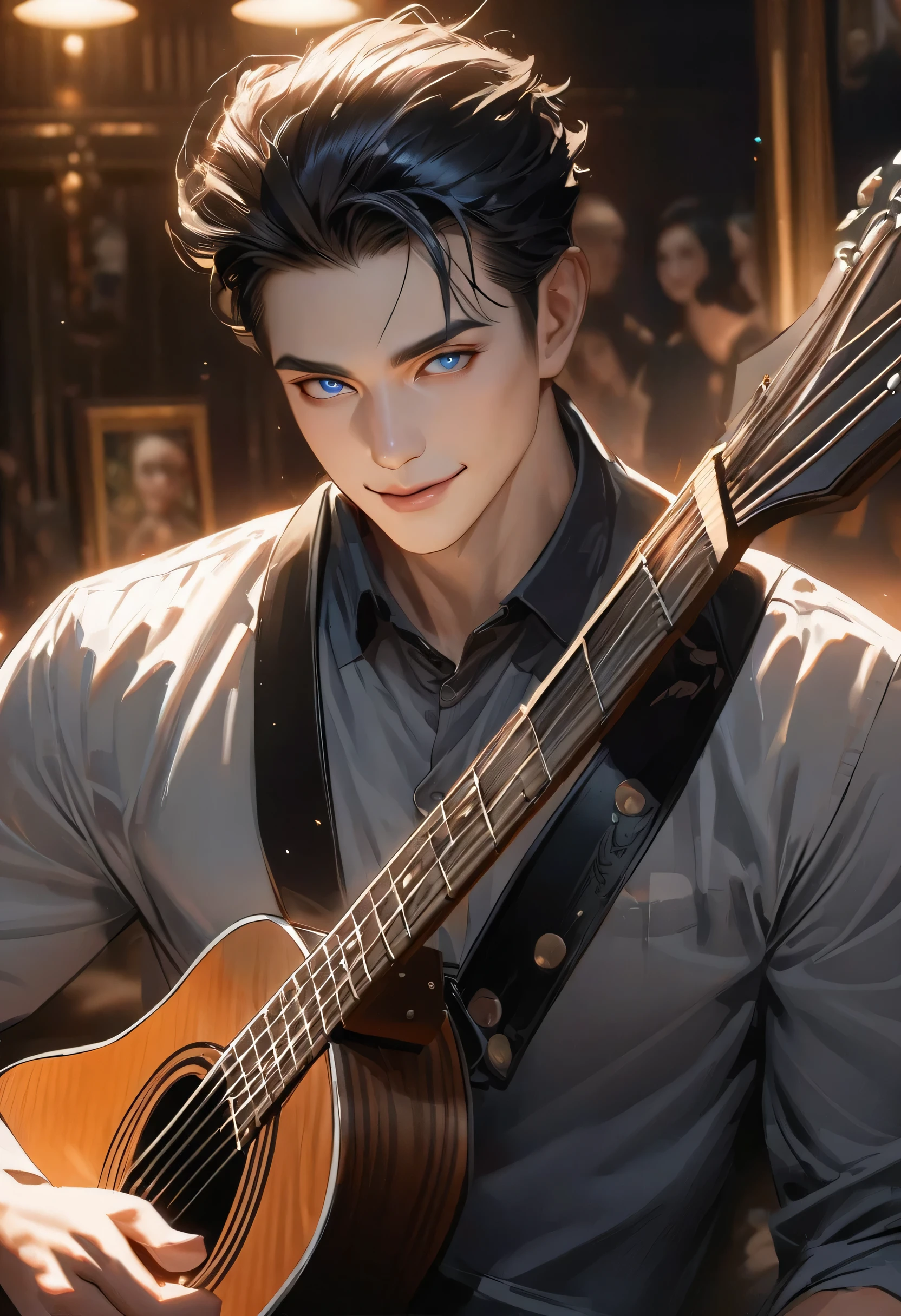 Masterpiece, คุณpictureสูงสุด,  realistic, 1 person, mature man, A quiet and charming young man, 30 years old, smile, gag, pictureเหมือน, Highly detailed face, ((blue eyes)), ((black short hair)),handsome man ,Short hair Quiff Hairstyle,black short hair,blue eyes, Handsome guitarist playing wooden guitar(Clear and perfect facial features)picture，The background is a perfect hotel scene lighting art., beautifully, pictureประกอบที่ซับซ้อน, art concept Masterpiece of art, คุณpictureดีที่สุด, Awesome details, HD