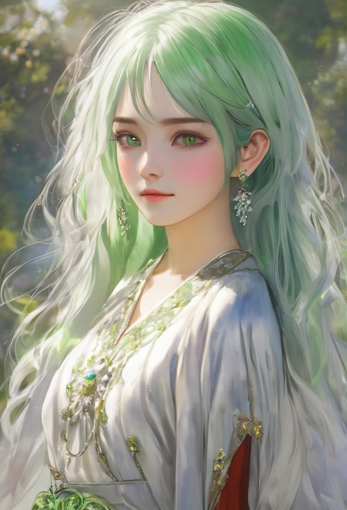 (Masterpiece, Top Quality, Best, Official Art, Beautiful and Aesthetic, Long Exposure: 1.2), Smooth Movement, Charming Patterns, 1 Girl, (Long Dress with Sleeves: 1.3), (((Green Clothes) )), upper body close-up, bare shoulders, Chinese girl, blush, black lob hair, portrait, solo, upper body, looking at the observer, detailed background, detailed face, (crystallineAI, crystalline theme:1.1), elemental wood elf, rotation foliage, control foliage, emerald clothing, dynamic pose, floating particles, ethereal dynamics, foliage, vapor, forest in the background, green tint, forest, ethereal atmosphere,