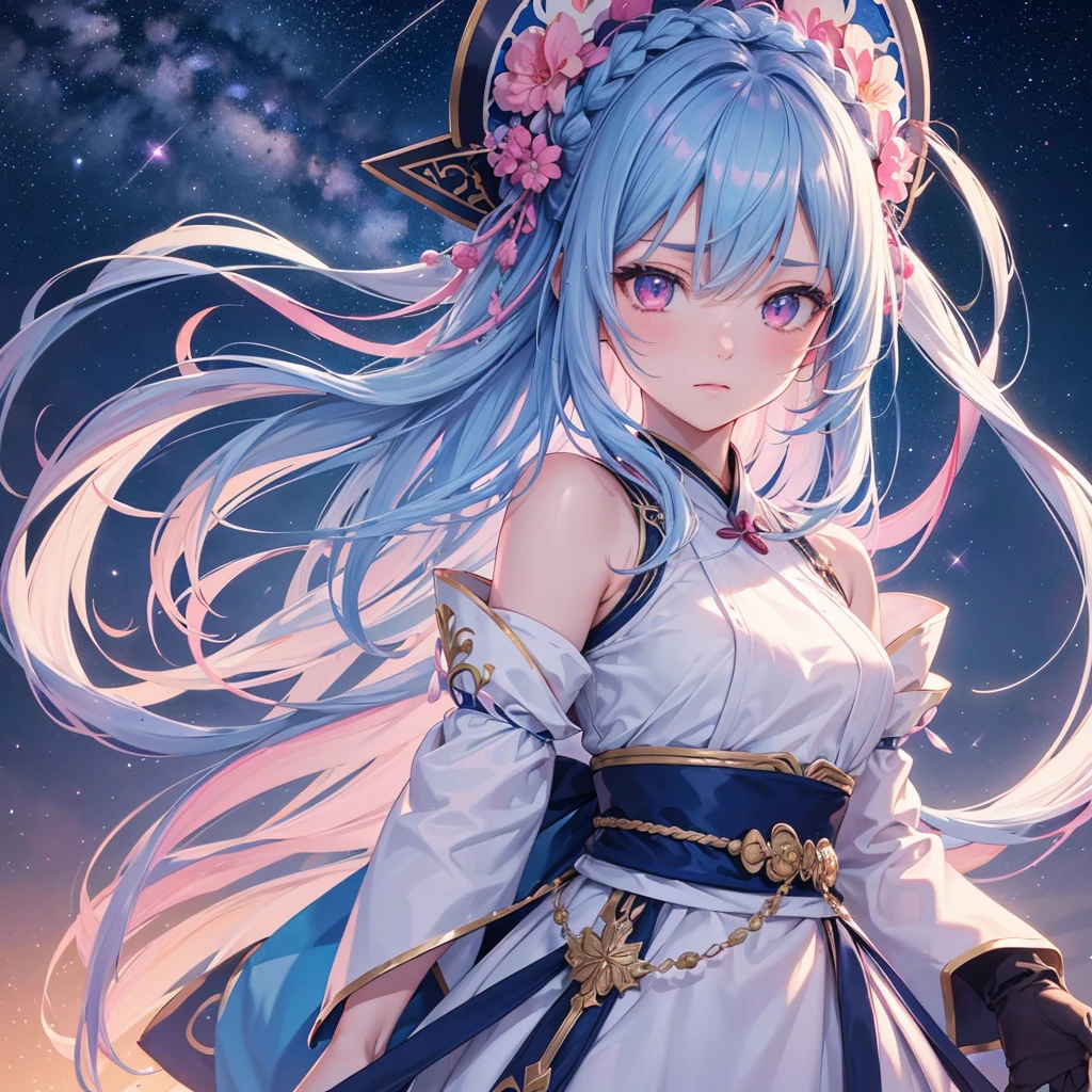 Sky blue hair,braid,(Pink Eyes),Fair skin ,(whole body),(One girl),Hanfu,Tanabata,(The beautiful, sparkling Milky Way in the night sky),Lonely Eyes,,(masterpiece, Highest quality, Very detailed, Best Shadow), (Detailed Background), (Beautifully detailed face), High Contrast, (Best lighting, Very delicate and beautiful), ((Cinematic Light)), colorful, Hyper Detail, Dramatic Light, Intricate details,