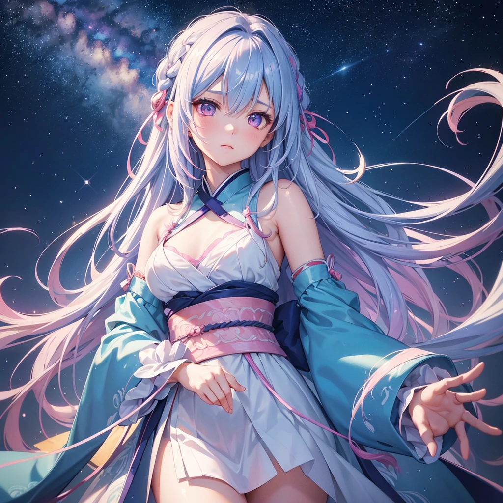 Sky blue hair,braid,(Pink Eyes),Fair skin ,(whole body),(One girl),Hanfu,Tanabata,(The beautiful, sparkling Milky Way in the night sky),Lonely Eyes,,(masterpiece, Highest quality, Very detailed, Best Shadow), (Detailed Background), (Beautifully detailed face), High Contrast, (Best lighting, Very delicate and beautiful), ((Cinematic Light)), colorful, Hyper Detail, Dramatic Light, Intricate details,