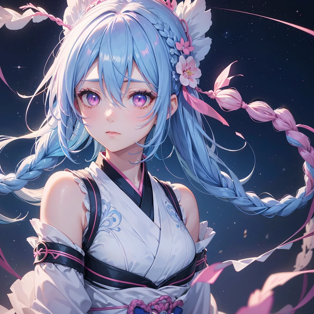 Sky blue hair,braid,(Pink Eyes),Fair skin ,(whole body),(One girl),Hanfu,Tanabata,(The beautiful, sparkling Milky Way in the night sky),Lonely Eyes,,(masterpiece, Highest quality, Very detailed, Best Shadow), (Detailed Background), (Beautifully detailed face), High Contrast, (Best lighting, Very delicate and beautiful), ((Cinematic Light)), colorful, Hyper Detail, Dramatic Light, Intricate details,