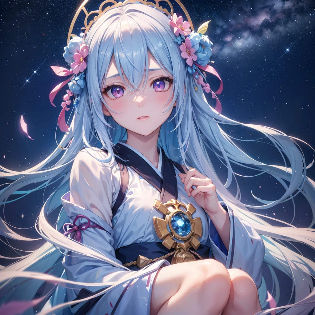 Sky blue hair,braid,(Pink Eyes),Fair skin ,(whole body),(One girl),Hanfu,Tanabata,(The beautiful, sparkling Milky Way in the night sky),Lonely Eyes,,(masterpiece, Highest quality, Very detailed, Best Shadow), (Detailed Background), (Beautifully detailed face), High Contrast, (Best lighting, Very delicate and beautiful), ((Cinematic Light)), colorful, Hyper Detail, Dramatic Light, Intricate details,