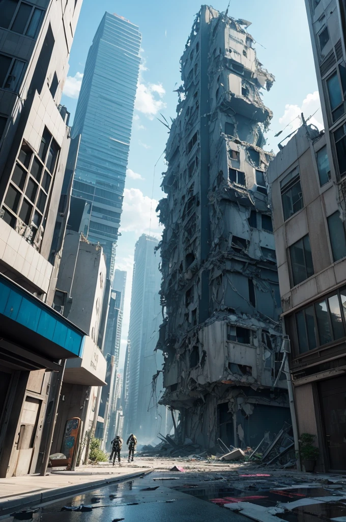 create a futuristic anime-themed portal. Place futuristic buildings next to it and some broken things on the floor, looking like a destroyed city. 