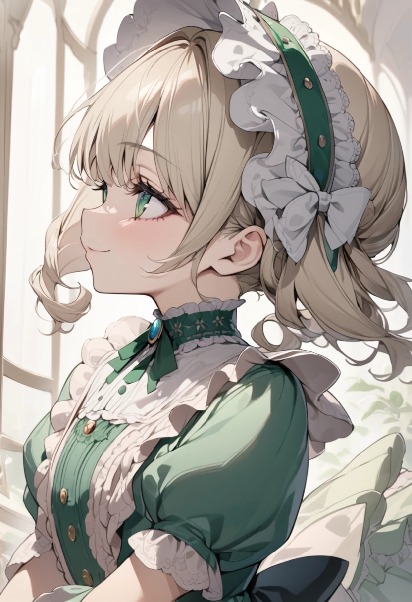 Platinum Blonde hair,sidecurls,curls,emerald green eyes,long eyelashes,(light pink victorian dress),puffy short sleeves,frilled dress,frilly wide brimmed Bonnet with bows,bustshot,masterpiece,highress,soft smile,bishoujo,peterpan collar,profile