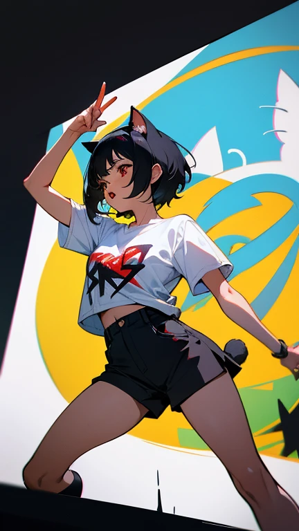 Cat headband,ass pov,dynamic angle, masterpiece,best quality, super fine illustration, super detailed, dynamic angle,8K,detailed background,in stage,midnight,beautiful background, BREAK a female is dancing. She is wearing a white T-shirt with a graffiti art-style cat illustration.Black Hair,Short Hair,red eyes,black hair,(full face brasched:1.3)