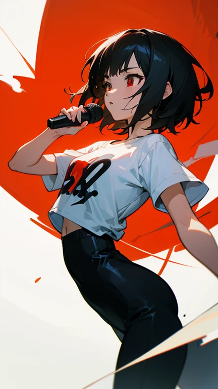 anime style,artistic, masterpiece,best quality, dsuper fine illustration, super detailed, dynamic angle,8k,detailed background,in live stage, (BREAK a female is singing  . She is wearing {a white T-shirt with a graffiti art-style cat illustration}.)Break very short hair,flat chest,black  hair,red-eyes,dynamic angle,standing attention,