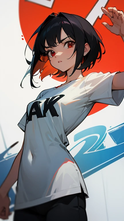 anime style,artistic, masterpiece,best quality, dsuper fine illustration, super detailed, dynamic angle,8k,detailed background,in live stage, (BREAK a female is singing . She is wearing {a white T-shirt with a graffiti art-style cat illustration}.)Break very short hair,flat chest,black hair,red-eyes,dynamic angle,standing attention,