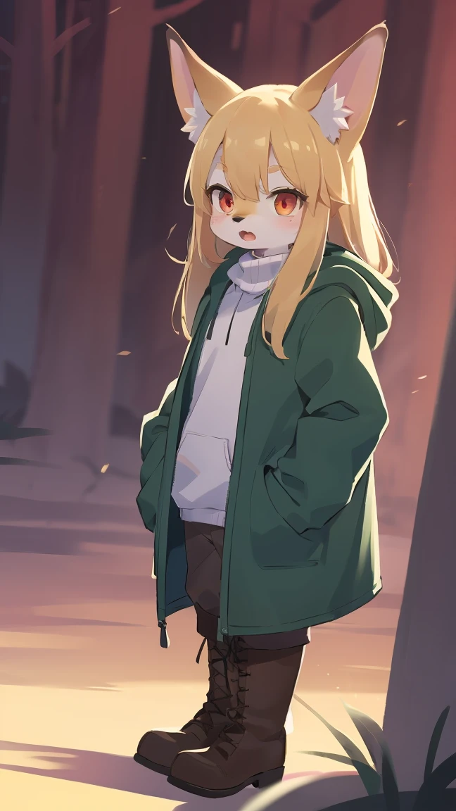 Fox Shota, , It was hairy, Hairy, Fur, smooth eyelashes, Golden fur, Forelimb Hand, long blonde hair straight, Round eyes, Golden ears, Golden fur, golden face fur, Shiny Hair, Red eyes, Very cute face, 1 fox tail, Fluffy tail, Hairy尻尾, Glowing Eyes, Green coat Green hooded down jacket, Brown trousers, Knee-high boots,Are standing, Open your mouth, Zhou Haoguang, Very fine fur, Broken Eye, whole body, masterpiece, high quality, high detail, 最high quality, wide short, (((alone))), Twilight, Light of the sun, Red Sky, Rim Light