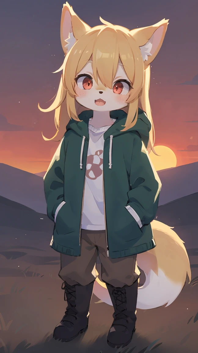 Fox Shota, , It was hairy, Hairy, Fur, smooth eyelashes, Golden fur, Forelimb Hand, long blonde hair straight, Round eyes, Golden ears, Golden fur, golden face fur, Shiny Hair, Red eyes, Very cute face, 1 fox tail, Fluffy tail, Hairy尻尾, Glowing Eyes, Green coat Green hooded down jacket, Brown trousers, Knee-high boots,Are standing, Open your mouth, Zhou Haoguang, Very fine fur, Broken Eye, whole body, masterpiece, high quality, high detail, 最high quality, wide short, (((alone))), Twilight, Light of the sun, Red Sky, Rim Light