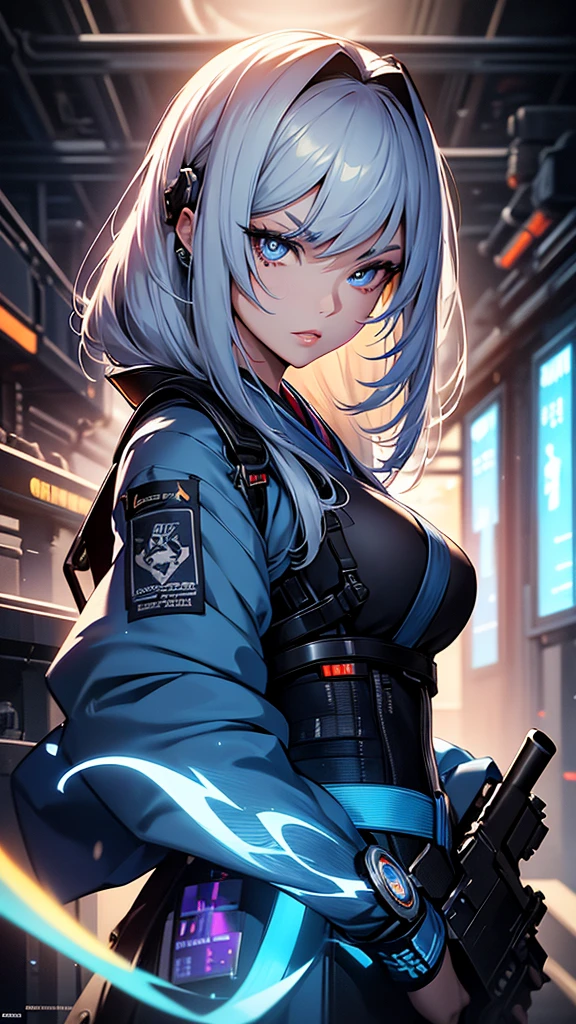 Girl, traditional hanbok, holding plasma rifle, futuristic plasma rifle, contrast between traditional and futuristic, determined expression, confident pose, beautiful detailed eyes, beautiful detailed lips, extremely detailed face, longeyelashes, hyperrealistic, 8k, photorealistic, cinematic lighting, dramatic lighting, vibrant colors, intricate details, masterpiece, digital painting