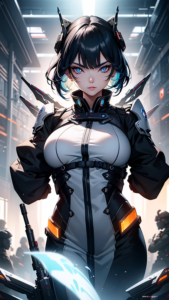 Girl, traditional hanbok, holding plasma rifle, futuristic plasma rifle, contrast between traditional and futuristic, determined expression, confident pose, beautiful detailed eyes, beautiful detailed lips, extremely detailed face, longeyelashes, hyperrealistic, 8k, photorealistic, cinematic lighting, dramatic lighting, vibrant colors, intricate details, masterpiece, digital painting