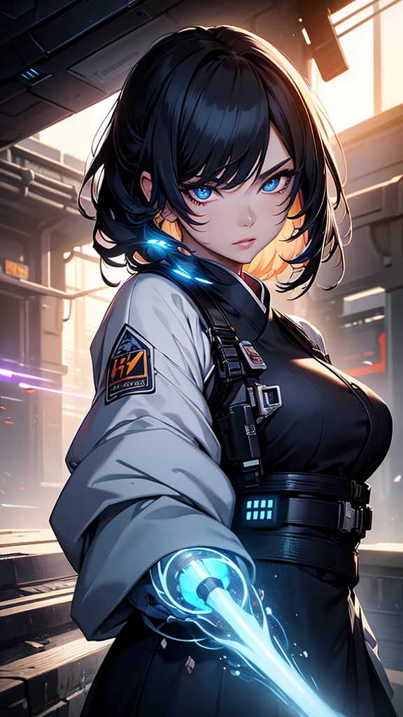 Girl, traditional hanbok, holding plasma rifle, futuristic plasma rifle, contrast between traditional and futuristic, determined expression, confident pose, beautiful detailed eyes, beautiful detailed lips, extremely detailed face, longeyelashes, hyperrealistic, 8k, photorealistic, cinematic lighting, dramatic lighting, vibrant colors, intricate details, masterpiece, digital painting