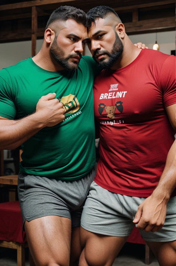 Big strong Bear beating big strong Bull, bear wearing red tshirt and bull wearing green tshirt