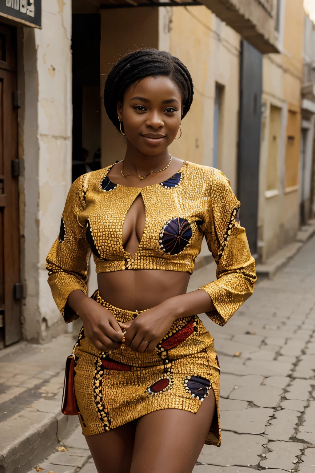 Create an image of a 23-year-old African woman, exuding happiness, dressed in a beautiful ankara, she should be very thick and realistic . She should be posing with the confidence and grace of a fashionista. The scene should be simple and capture a beautiful scene of a beautiful room in a hotel.