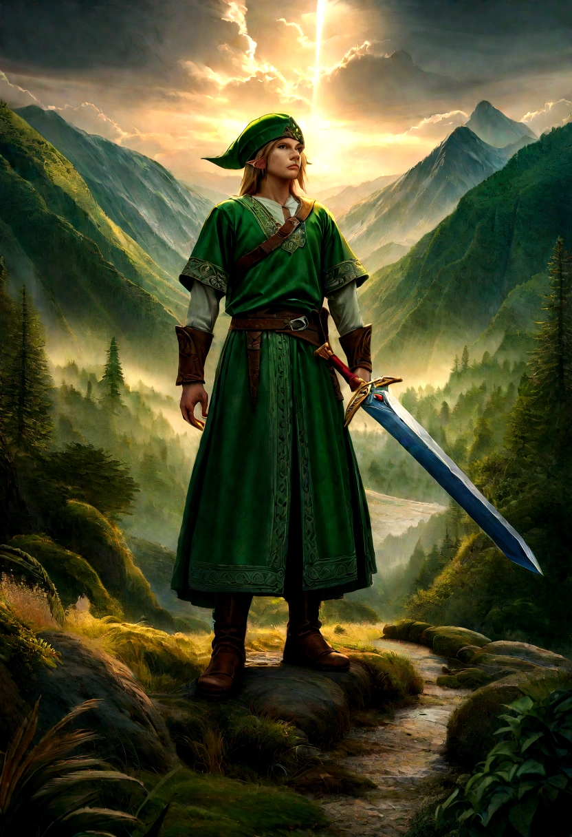 a highly detailed scene of the main character from The Legend of Zelda, Link, standing in a vast fantasy landscape, holding the Master Sword and wearing his iconic green tunic and cap, surrounded by lush forests, towering mountains, and a mystical sky, 8k, photorealistic, cinematic lighting, dramatic poses, intricate textures, vivid colors, fantasy art