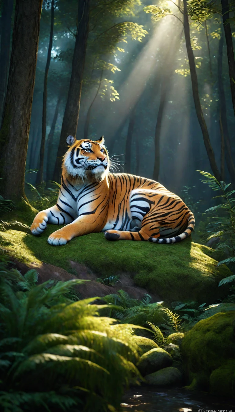 There is a wild beast in the forest，tiger shape，The tail of the cow（best quality，4K，8K，High level，masterpiece：1.2），Ultra Detailed，（lifelike，Photo real，Photo real：1.37），Highly detailed animals，Realistic lighting，Fantasy Creatures