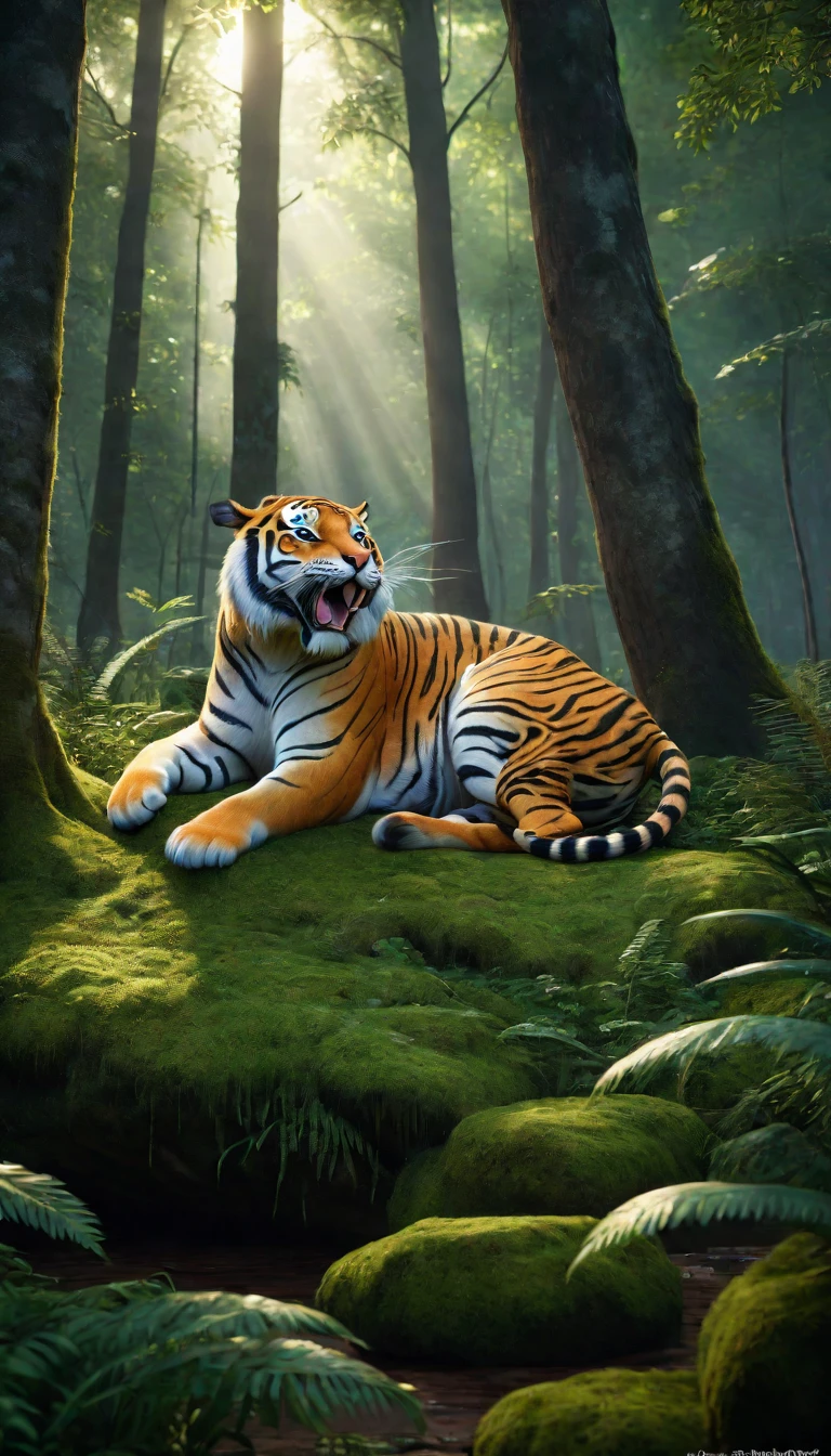 There is a wild beast in the forest,tiger shape,The tail of the cow(best quality,4K,8K,High level,masterpiece:1.2),Ultra Detailed,(lifelike,Photo real,Photo real:1.37),Highly detailed animals,Realistic lighting,Fantasy Creatures