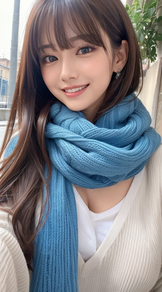 (Tabletop, Highest quality、High resolution:1.4、Very attractive adult beauty、Add strong highlights to the eyes、Look closely at the camera:1.4、A beautiful woman with mature charm、Ideal body type、Perfect Anatomy、Beautiful Long Hair、Shiny Hair、Lip gloss),One Girl, alone, 明るい茶色のShiny Hair, scarf,Realistic, Looking at the audience、Please tilt your head a little, Bright colored crystal light blue eyes, 短いShiny Hair、 chestの中央に穴が開いた白いタートルネックの服,chestの真ん中に丸い穴が開いたセクシーな白いタートルネックのニットセーター、 lips, Lip gloss,prohibit, Upper Body、Big eyes、eyelash、Face is a little red、Embarrassing)、((Italian road system in winter、Really beautiful bangs:1.4))、((Short hair with bangs、Big eyes、Give students a very strong highlight、{Huge|big|Hugeな|Mega} chest:1.4、very bigger chest、Gazing at the audience、Very beautiful beauty、Listen carefully、Long neck、Laugh a little、Beautiful Teeth、Laughing with your mouth open、Heart-shaped pupils))、28 years old、Very cute supermodel、