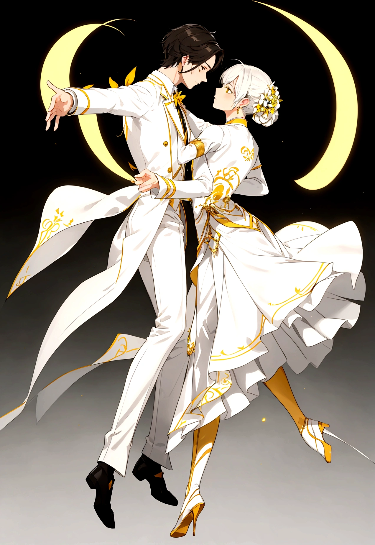 a man and a male in elegant white clothing, detailed yellow accents, full body, simple dancing waltz,