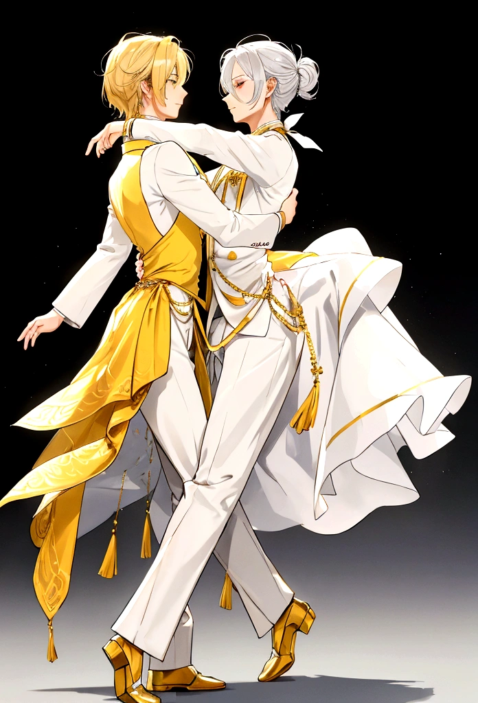 a man and a male in elegant white clothing, detailed yellow accents, full body, simple dancing waltz,