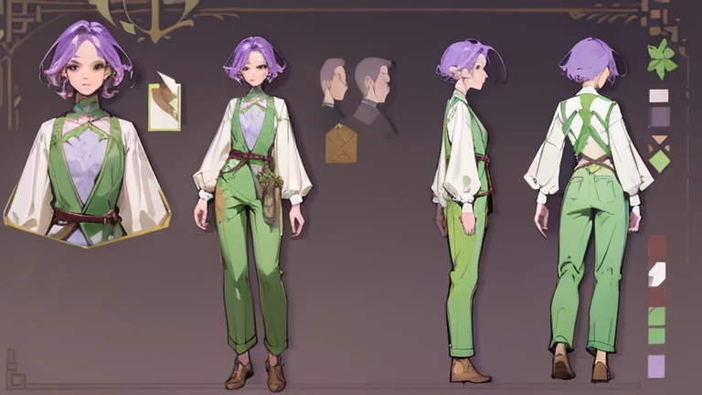 (Masterpiece, best quality), detailed, 1 gardener woman, ((character concept art)), ((character design sheet, reference sheet, same character, front, side, back)), full body, body complete, 1 gardener female, 1 gardener women. Gardener character design, Character design sheet full body, Highly detailed, character sheet, character design, Many parts, pale skin, green eyes, short purple hair, male hairstyle, short male hair, lavender flower, lavender flower reference, lavender flower character reference, lavender flower inspired, flat chest, Male clothes, male clothing, pants, Ecofashion, Ecopunk, Earthy clothing, gardening clothing, garden clothes, gardening, Solarpunk, Solarpunk reference, Solarpunk inspired outfit, simple outfit, simple clothes, pants, gold details, pastel purple, green and brown color palette for the clothes.