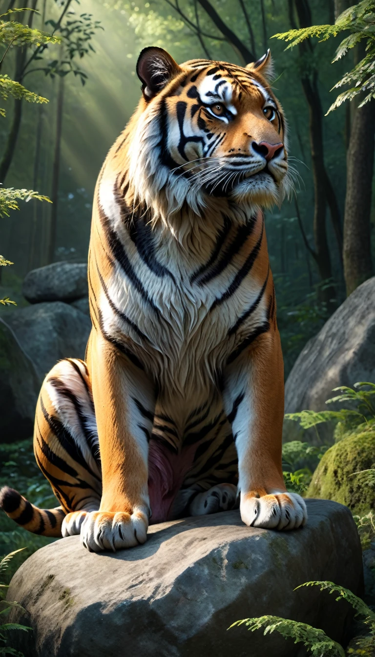 Front view,A wild beast is sitting on a rock in the forest,The tail of the cow,The body of a tiger(best quality,4K,8K,High level,masterpiece:1.2),Ultra Detailed,(lifelike,Photo real,Photo real:1.37),Highly detailed animals,Complex patterns,Realistic lighting,Fantasy Creatures