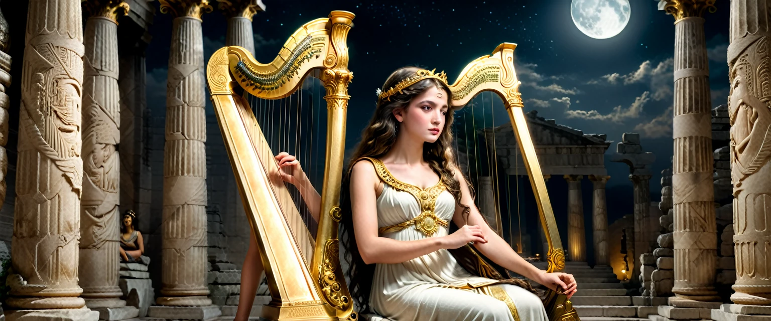 a young priestess, sitting, she places a harp larger than herself in front of him and plays it, playing a large lyre, ancient Greek temple, late at night, inside the temple it is (dark:1.3) and there is (no lighting:1.2), the moonlight shines in at an angle, shining a faint light on her., highly detailed, photorealistic, realistic lighting, intricate architecture, ornate decorations, cool color palette, golden accents, soft fabric textures, mesmerizing expression, elegant pose, cinematic composition, natural lighting, realistic shadows, mystical atmosphere, hyperrealistic, award-winning art