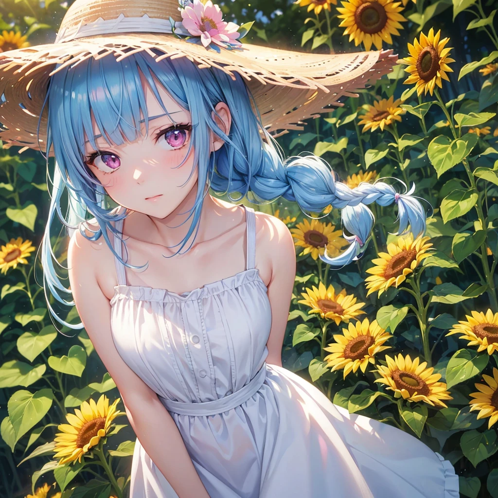 Sky blue hair,braid,(Pink Eyes),Fair skin ,(whole body),(One girl),buzzer,Sunflower field,White dress,blunt bangs,Wiping away sweat,wink,Straw hat,(masterpiece, Highest quality, Very detailed, Best Shadow), (Detailed Background), (Beautifully detailed face), High Contrast, (Best lighting, Very delicate and beautiful), ((Cinematic Light)), colorful, Hyper Detail, Dramatic Light, Intricate details,buzzerの暑い日差し,