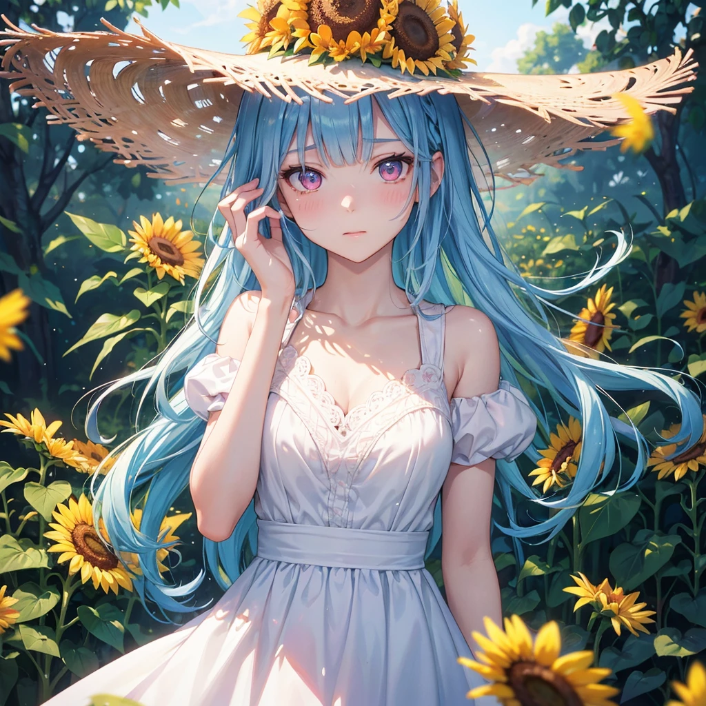 Sky blue hair,braid,(Pink Eyes),Fair skin ,(whole body),(One girl),buzzer,Sunflower field,White dress,blunt bangs,Wiping away sweat,wink,Straw hat,(masterpiece, Highest quality, Very detailed, Best Shadow), (Detailed Background), (Beautifully detailed face), High Contrast, (Best lighting, Very delicate and beautiful), ((Cinematic Light)), colorful, Hyper Detail, Dramatic Light, Intricate details,buzzerの暑い日差し,