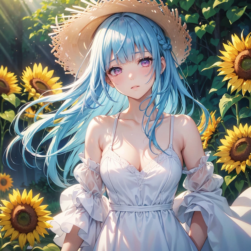 Sky blue hair,braid,(Pink Eyes),Fair skin ,(whole body),(One girl),buzzer,Sunflower field,White dress,blunt bangs,Wiping away sweat,wink,Straw hat,(masterpiece, Highest quality, Very detailed, Best Shadow), (Detailed Background), (Beautifully detailed face), High Contrast, (Best lighting, Very delicate and beautiful), ((Cinematic Light)), colorful, Hyper Detail, Dramatic Light, Intricate details,buzzerの暑い日差し,