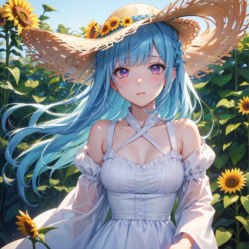 Sky blue hair,braid,(Pink Eyes),Fair skin ,(whole body),(One girl),buzzer,Sunflower field,White dress,blunt bangs,Wiping away sweat,wink,Straw hat,(masterpiece, Highest quality, Very detailed, Best Shadow), (Detailed Background), (Beautifully detailed face), High Contrast, (Best lighting, Very delicate and beautiful), ((Cinematic Light)), colorful, Hyper Detail, Dramatic Light, Intricate details,buzzerの暑い日差し,