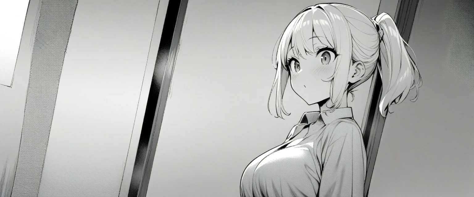 One girl,ponytail、18-year-old、、Big Breasts、Sloppy、monochrome, halftone、indoor、Inside the room、
