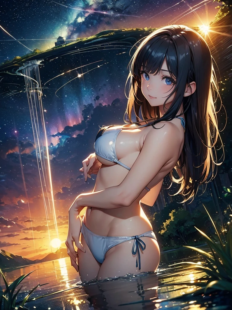 Expanding on your prompt words:

1. (best quality, highres:1.2), 1girl, slender figure, slim waist, flat stomach, well-defined abs, long legs, toned muscles, extremely detailed eyes and face, elongated eyelashes, medium: oil painting, vivid colors, HDR, studio lighting, ultra-fine painting, sharp focus, physically-based rendering, extreme detail description, portraits, small breasts, perky, accentuated cleavage, suggesting a sex symbol, arms crossed below chest, seductive smile, showing a hint of her nipples, facing the viewer, sun-kissed skin, golden tan, n